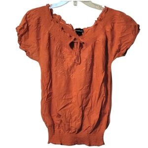Cotton Express Coral Peasant Smocked Keyhole Front Blouse Size Medium